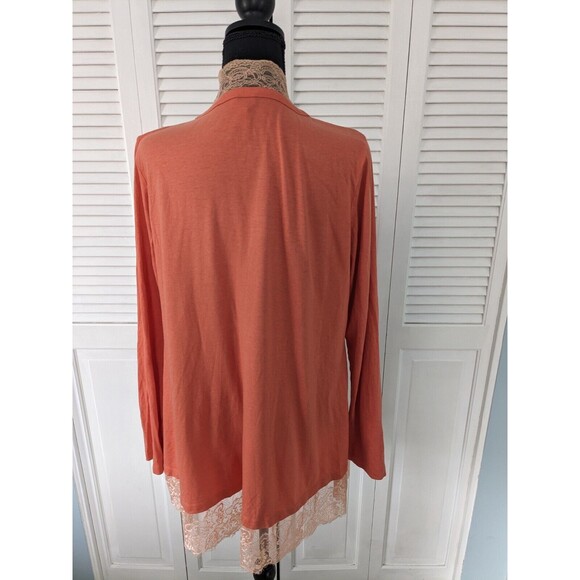 LOGO Lori Goldstein Cardigan Women sz M Coral/Orange CottonModal OpenFront Lace - Picture 7 of 12